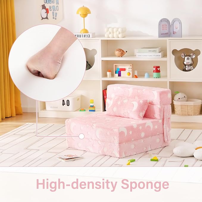 Folding Sofa Bed Floor Mattress for Kids with Pillow, Toddler Glow Washable Folding Floor Nap Mat for Sleeping, Child Fold Up Sofa Futon Chair Bed with Storage Bag for Girls Boys