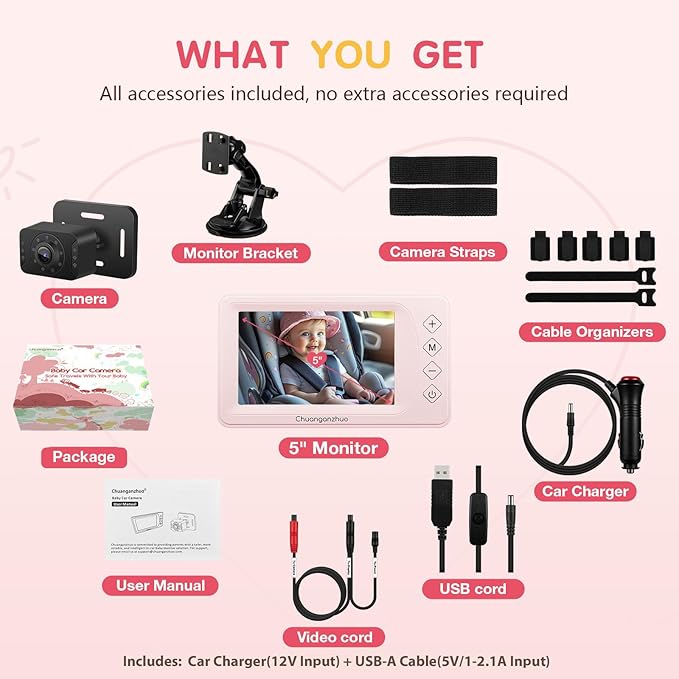 S100P Baby Car Camera with Ultra Night Vision, 5'' HD 1080P IPS Baby Car Monitor with 3X Zoom, Backseat/Carseat/Rear Seat Camera USB, Easy No-Damage Install, Safety for Infants and Pets (5 inch Pink)