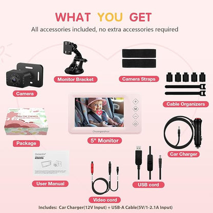 S100P Baby Car Camera with Ultra Night Vision, 5'' HD 1080P IPS Baby Car Monitor with 3X Zoom, Backseat/Carseat/Rear Seat Camera USB, Easy No-Damage Install, Safety for Infants and Pets (5 inch Pink)