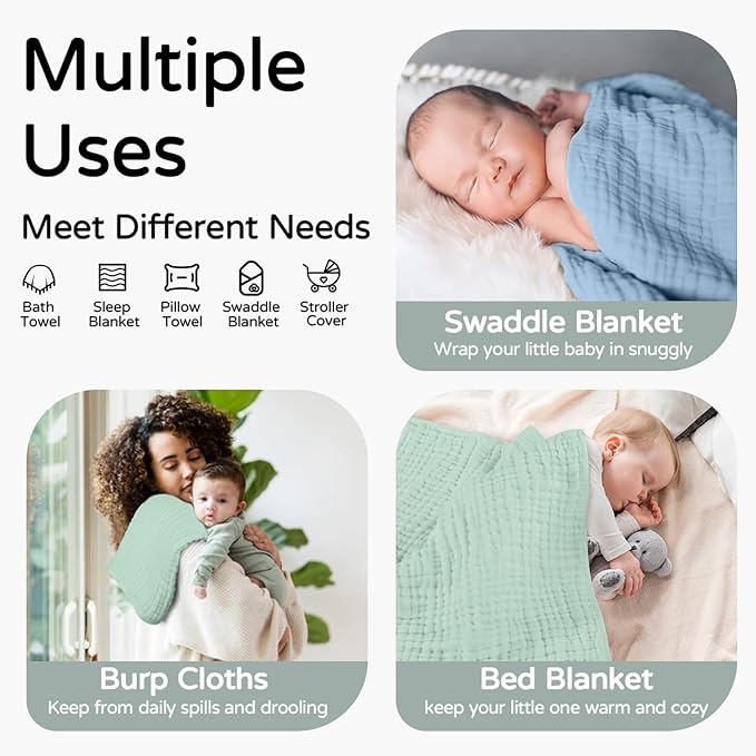 Yoofoss Hooded Baby Towels for Newborn 2 Pack 100% Muslin Organic Cotton Baby Bath Towel with Hood for Babies, Infant, Toddler and Kids, 32x32Inch, Soft and Absorbent Newborn Essential,Blue&Green
