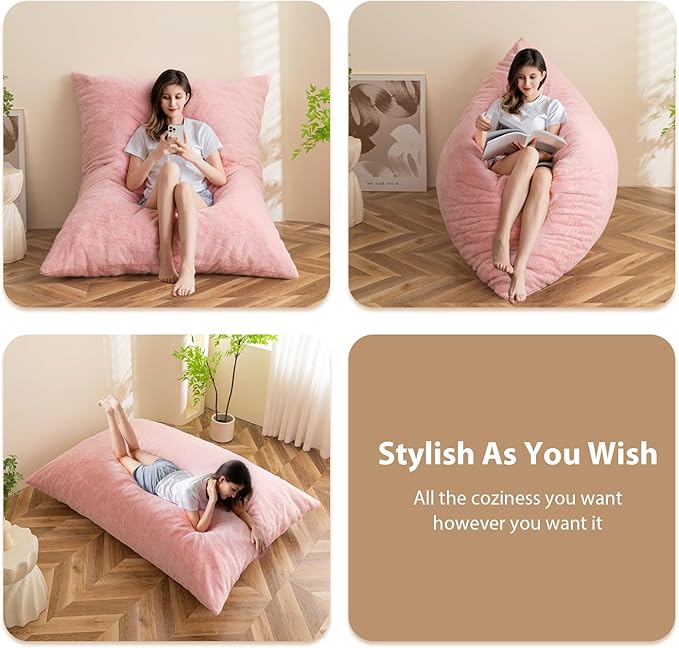 BYBYME 3 in 1 Bean Bag Chair, Convertible Chair Folds from Bean Bag to Lounger, High-Density Foam Filling, Faux Fur Big Sofa Bed, Giant Bean Bag Chair Bed for Adults