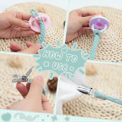 4 Pcs Pacifier Clip, Pacifier Clips for Boys & Baby Girls Pacifier Holder Clip Binky Clips Braided 100% Handmade Fits All Pacifiers(Blue, 4 Pack)