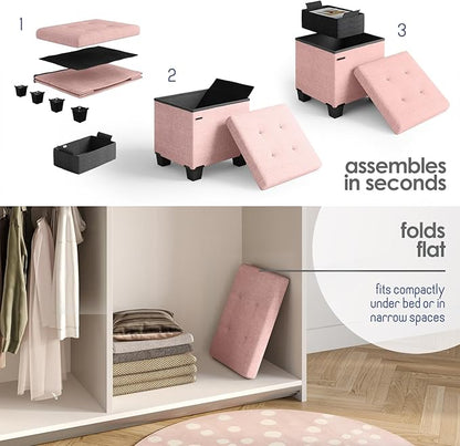 STORAGEBUD Storage Ottoman Cube with Small Bin, 16-in Square Ottoman with Storage for Living Room and Bedroom, Small Ottomans Foot Rest, Fabric Foot Stools Ottomans Max 330lbs, Pink