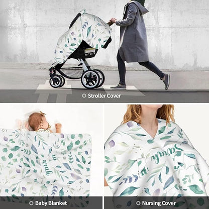 Personalized Eucalyptus Baby Infant Car Seats Canopy for Baby with Name, Custom Greenery Plants Lightweight Covers for Baby Boys Girls, Minky Nursing Breastfeeding Stroller Cover for Newborn