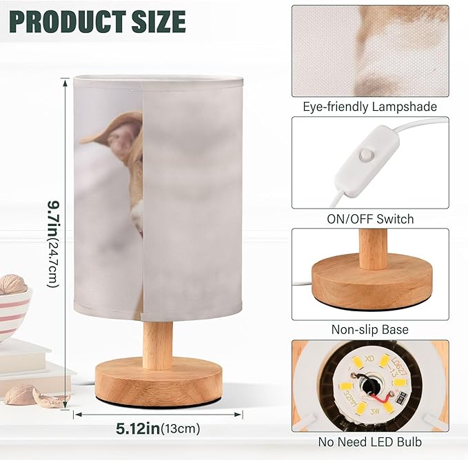Table Lamp Pitbull Dog Smile Nightstand Lamp with Wood Base Fabric Lamp Shade Bedside Desk Lamp for Living Room Bedroom Kids Room Office