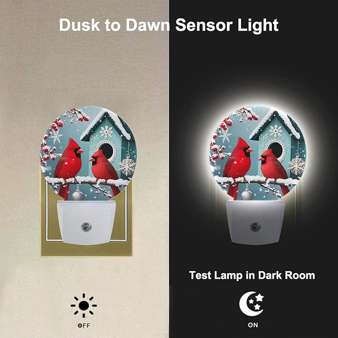 Bird Cardinal Night Light Snowy Tree Red Birds on Branch Winter Plug-in Nightlight Energy Saving 0.5W LED Lighting for Boys Girls Men Women