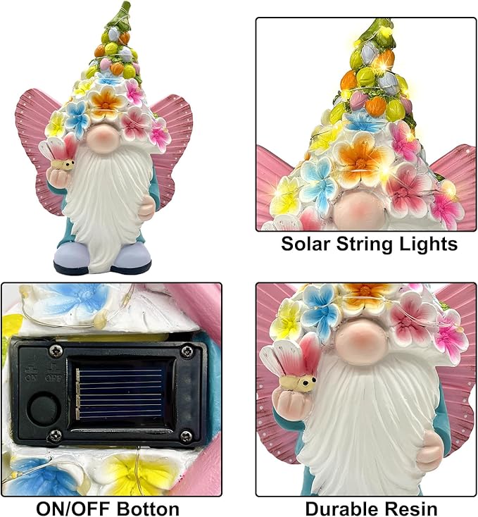 BAYN Garden Gnome Statues Outdoor Decor, Solar Powered Outdoor Gnome with Butterfly Wing Decorative Yard Garden Lights Art Gifts with 11 Warm White LEDs