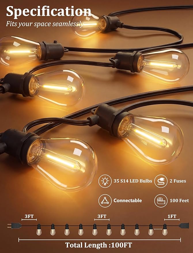 S14 Patio String Lights, 100FT Outdoor Patio String Light with 35 Clear LED Bulbs (2 Spare), UL Certified Waterproof Hanging Lights for Outdoor & Indoor - Commercial Grade Black Wire