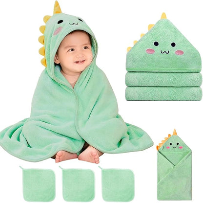 4 PCS Hooded Baby Towel Set, 32x32 Inch Absorbent Baby Bath Towels, Soft Hooded Towels and 3 PCS Washcloths, Unisex Baby Gift Set for Newborns, Babies, Toddlers (Green)