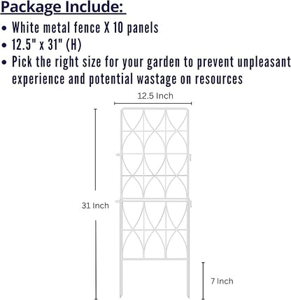 ShopLaLa Decorative Garden Fence (10 Panels) 12.5in(L) x 31in(H) Animal Barrier Fencing Rustproof White Metal Wire Flower Edging for Landscape, Tall Large No Dig Fences Back Yard Pet Porch Gate D-F30D