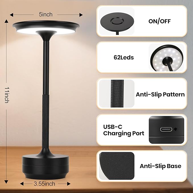 2-Pack Cordless Table Lamp Rechargeable 5000mAh, 3-Color Stepless Dimming Touch Sensor, Portable LED Desk Light for Bedroom, Nightstand, Camping, Patio (2-Pack Black)