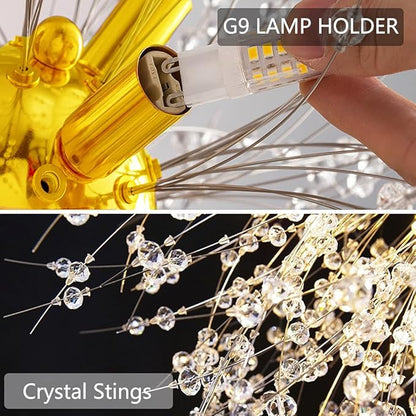 Gold Crystal Chandeliers 12-Light Modern Dandelion Light Fixture,Firework Chandelier,Personalized Ceiling Hanging Lighting for Bedroom,Dining Room,Living Room Chandelier