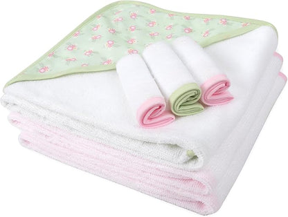 Jessica Simpson Baby 6-Piece Hooded Towel & Washcloth Set – Soft Polyester Baby Bath Towels – Pink & Green Floral Design