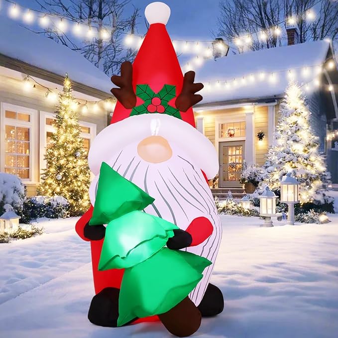 COMIN 5.2 FT Christmas Inflatables Outdoor Decorations Inflatable Gnomes Hold Christmas Tree Blow Ups with Built-in LEDs for Yard Party Lawn Decor