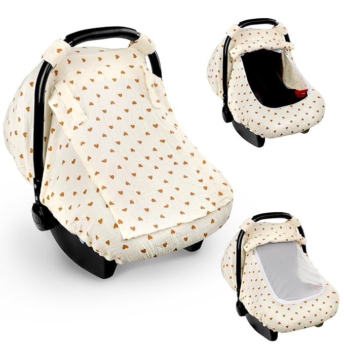 Hooyax Muslin Car Seat Cover Baby, Summer Car Seat Covers for Babies, Infants, and Newborns, Ultra Soft Breathable Universal Fit Stroller Carseat Canopy Covers for Boys Girls (Heart)