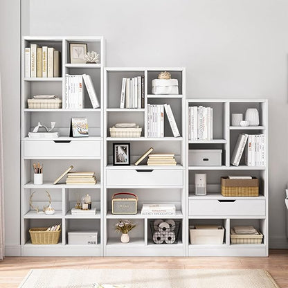IOTXY Wooden Open Shelf Bookcase - 51 Inches Height Freestanding Display Storage Cabinet Organizer with 7 Cubes and a Drawer, Floor Standing Bookshelf in Warm White