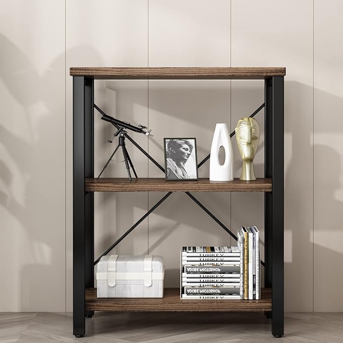 3 Tier Industrial Solid Wood Bookcases, Open Etagere Bookshelf with Metal Frame, Rustic Wood and Metal Shelving Storage Organizer for Living Room Book Shelves Furniture (AY01-3tier)