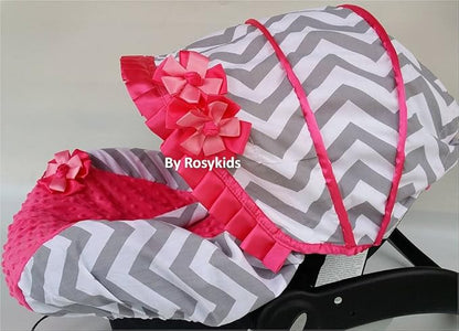 Rosy Kids Infant Carseat Canopy Cover 4pc Whole Caboodle, Baby Car Seat Cover and Canopy Cover Outdoor Traveling Kit, Grey Chevron Hot Pink Cover