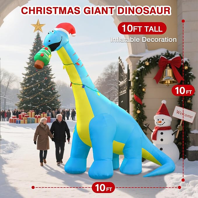 Christmas Inflatable Outdoor Decorations, 10FT Giant Inflatables Dinosaur Yard Decor with Hat & Christmas Tree, LED Lights Blow up Holiday Decorations for Indoor Outside Lawn Garden