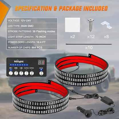 Nilight 2PCS 70 Inch Emergency Strobe Light Strip with Controller 864 LED Red Blue Running Board Lights Flexible Side Flashing Warning Caution Safety Waterproof for Truck Construction Pickup