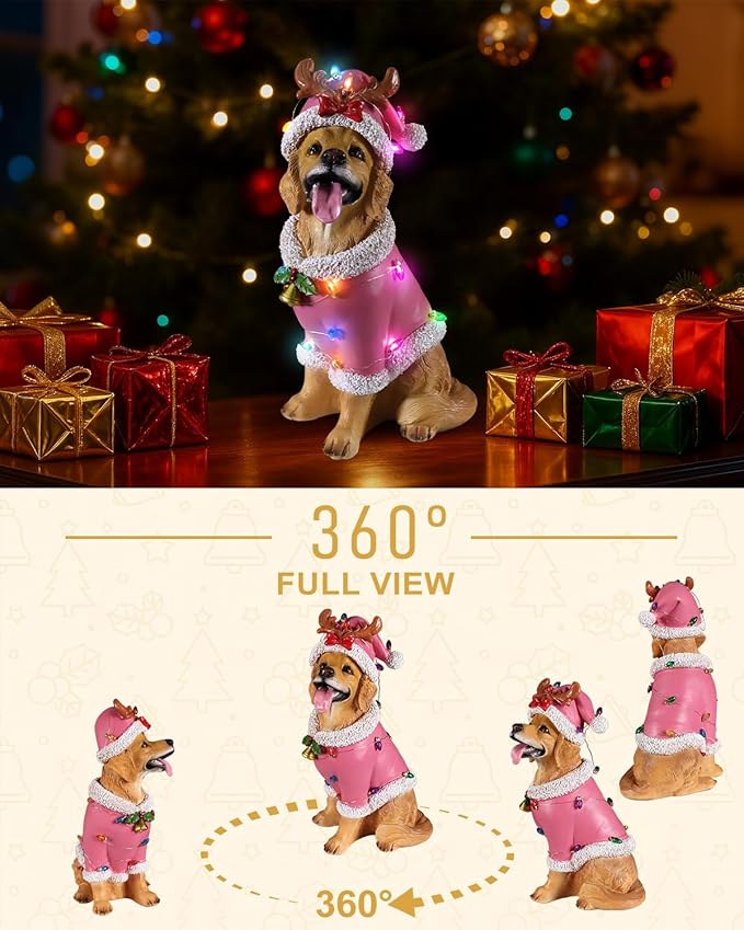 Christmas Outdoor Decoration Dog Statue, LED Light Cute Golden Retriever Dog Sculpture with Pink Santa Outfit & Lights for Garden and Yard, Indoor Holiday Décor Gift for mom and dad