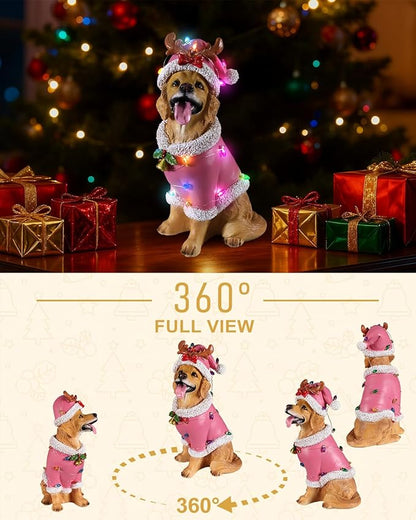 Christmas Outdoor Decoration Dog Statue, LED Light Cute Golden Retriever Dog Sculpture with Pink Santa Outfit & Lights for Garden and Yard, Indoor Holiday Décor Gift for mom and dad