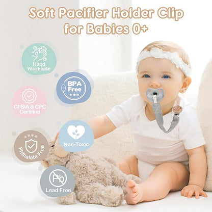TYRY.HU Ribbon Pacifier Clip Holder,2 Pack Binky Paci Holder Clips, Pacifier Leash for Baby Boys and Girls, Soft Webbing Strap Universal Fits for Most Pacifier, Styles & Teethers Toys(Khaki,Grey)