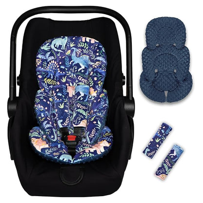 Pea Pod Infant Car Seat Insert with Strap Covers, All in One Reversible Baby Car Seat Head Support for Newborn, 3D Soft Minky Carseat Cushion for Preemie to Infant, Stroller, Swing, Bouncer, Dinosaur