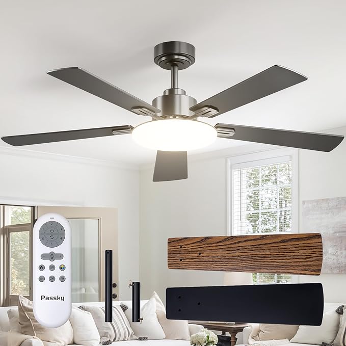 Passky Ceiling Fans with Lights, 52 inch Sleek Ceiling Fan with Light and Remote Control, 3CCT, Dimmable, Reversible, Noiseless, Black Ceiling Fan for Bedroom, Living Room
