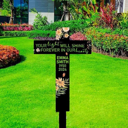 Custom Flower Cross Memorial Stake – Floral Cross Metal Grave Marker, Garden Yard Stake Outdoor Decor (Flower Cross Memorial)
