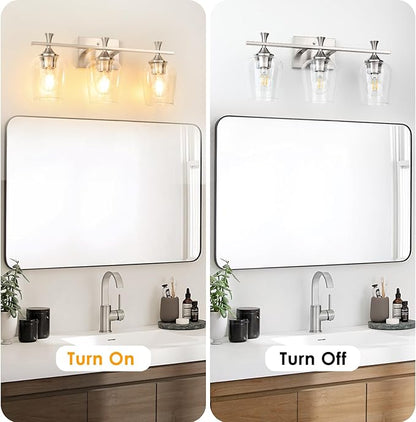 3 Light Bathroom Vanity Light - Silver Bathroom Lighting Fixtures Over Mirror, Modern Wall Sconces with Transparent Glass Lampshade for Bedroom Living Room Kitchen Cabinet Stair Hallway