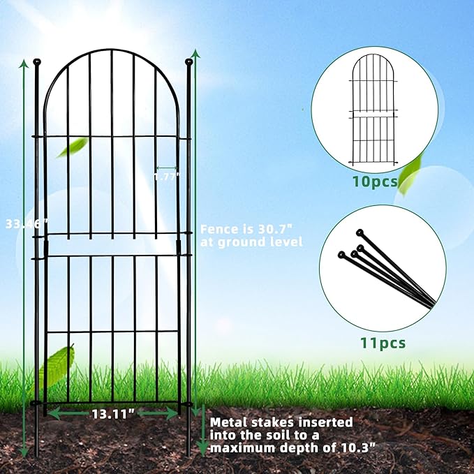 Decorative Garden Fence 31in (H) x10ft (L), 10 Pack No Dig Fence Animal Barrier for Dog, Arched Flower Bed Edging, Wire Border Panel Fencing for Yard Patio Outdoor Decor