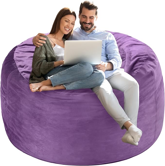 Homguava 4 FT Bean Bag Chair: 4' Bean Bags with Memory Foam Filled, Large Beanbag Chairs Soft Sofa with Dutch Velvet Cover-Purple