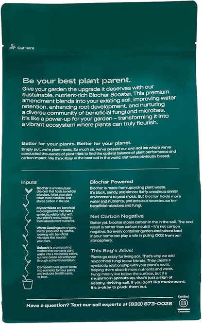 Rosy Soil Biochar Booster - Biochar Soil Amendment for Flowers and Vegetable Gardens - Horticultural Charcoal for Outdoor and Indoor Plants - Biochar Supplement for Potting Soil & Potting Mixes - 8qt