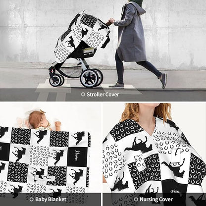 Personalized Running Horses Baby Car Seat Canopy for Babies with Name, Custom Horseshoes Car Seat Covers for Boys Girls, Peekaboo Opening Minky Nursing Cover Infant Car Seat Canopies for Newborn