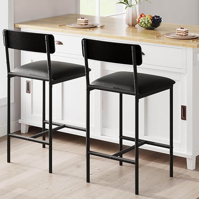 GarveeHome Bar Stools Set of 2, Upholstered Counter Height Bar Stools with Backrest and Footrest, Kitchen Barstools for Island, Counter Bar, Easy Assembly, Rustic Black