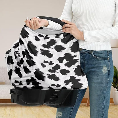 Wanyint Black White Cow Print Infant Car Seat Cover, Baby Carseat Scarf Stretchy Nursing Scarf Car Seat Canopy Breathable Nursing Cover for Boys Girls