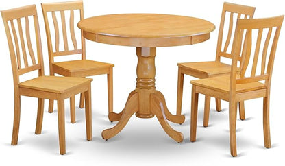 East West Furniture ANTI5-OAK-W 5 Piece Dining Room Table Set Includes a Round Wooden Table with Pedestal and 4 Kitchen Dining Chairs, 36x36 Inch, Oak