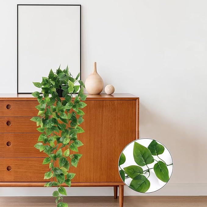 BLEUM CADE Fake Hanging Plants, 4pcs Artificial Hanging Plant, Faux Pothos Vines Hanging Plant Greenery for Wall Home Living Room Indoor Outdoor Decor (No Baskets)