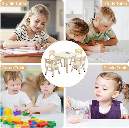 GarveeHome Toddler Table and 4 Chairs Set with Graffiti Desktop, Height Adjustable Kids Table and Chairs Set with Storage, Non-Slip Legs, Kids Activity Table for Home, Nursery, for Age 2-10