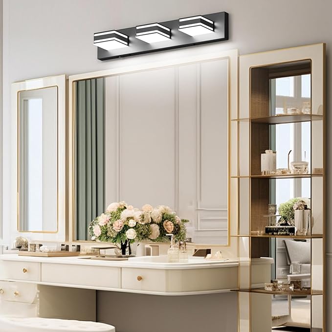 Ralbay 24inch Black Bathroom Vanity Lights with 5 Color Temperatures (3000K-6000K) Dimmable Modern Metal Acrylic LED Matte Black Bathroom Wall Lighting Fixtures (3-Light)