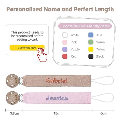 TYRY.HU Personalized Pacifier Clip with Name, Embroidery Pacifier Holder for Baby Girls and Boys, Neutral Binky Clips Universally Fit All Pacifiers, Baby Gift, 2 Pack(Pink, Khaki)