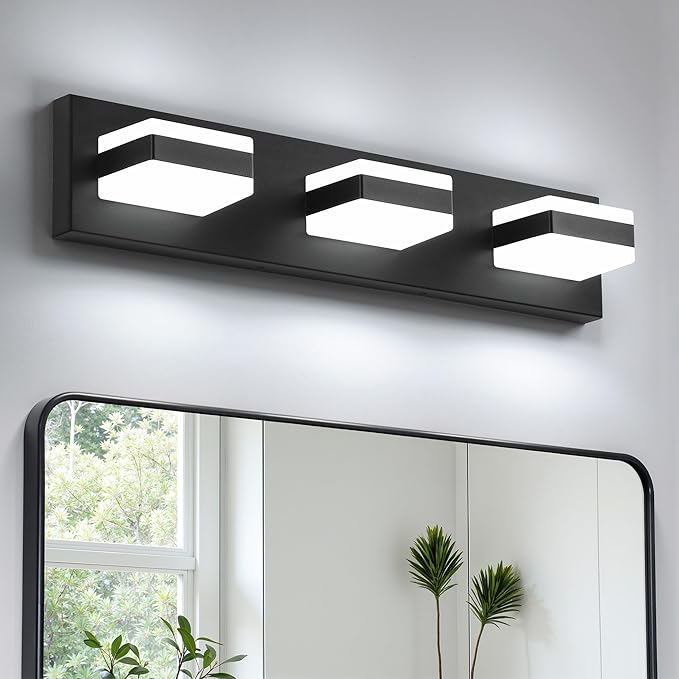 Bathroom Lighting Fixtures Over Mirror, 3 Light Bathroom Vanity Light Fixtures with Cool White 5000K, Matte Black LED Modern Vanity Wall Lights for Bath, Dressing Room, Restroom, 21.6 inch