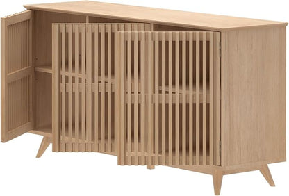 Plank+Beam Mid-Century Modern Wood TV Stand, Three Door Solid Wood Entertainment Console with Storage, 59" L x 16" W x 30" H, Blonde