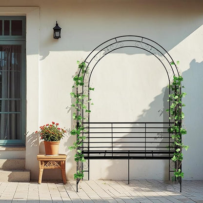 Outvita 7FT Garden Arch Arbor with Seating, Heavy Duty Metal Arbour Archway, Decorative Frame Stand Trellis for Wedding Ceremony Party Plant Climbing Rose Vines Lawn