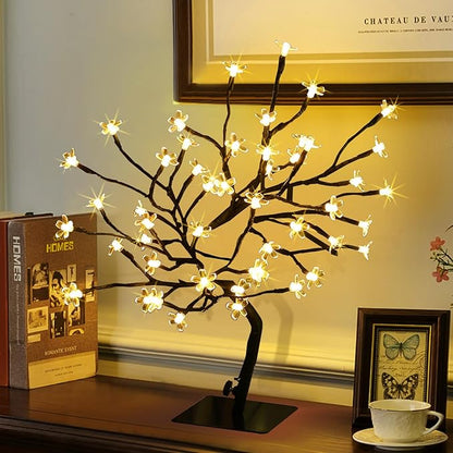 Cherry Blossom Tree Lights,Artificial Bonsai Tree with 48 Warm White LED Lights, 16.2 Inch Prelit Cherry Blossom Lamp for Christmas Party Wedding Gift Home Tabletop Decoration