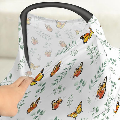 Butterflies Green Leaves Baby Car Seat Covers Spring Garden Stretchy 5-in-1 Cover Adjustable Car Canopy Cover Boho Greenery Breathable Nursing Cover-Up