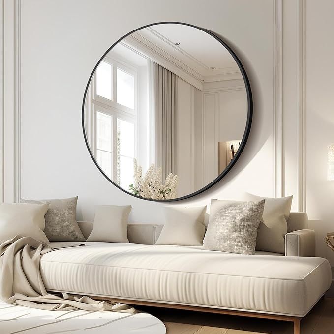 Black Round Mirror 39 inch Large Circle Mirror, Aluminum Alloy Metal Frame Bathroom Mirror, Round Wall Mirror, Circle Mirrors for Wall Entryway Bedroom Living Room
