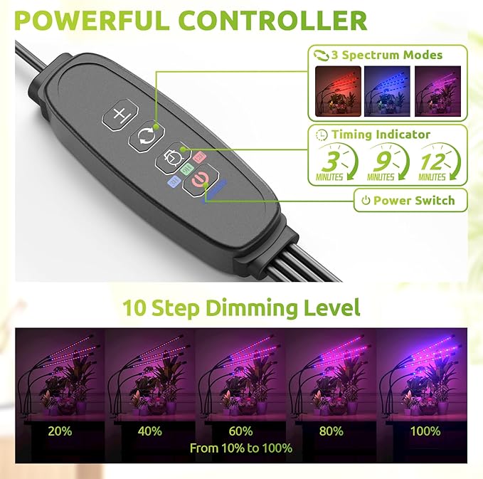 bseah Grow Light Plant Lights for Indoor Plants, Clip on with 3/9/12 H Timer, Full Spectrum Growing Lamp for Seed Starting (with AC Adapter)