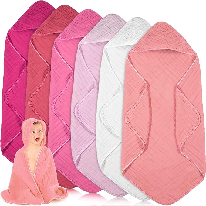 Peryiter 6 Pcs Muslin Hooded Baby Towels, 32"x 32" Cotton Newborn Bath Towel Muslin Infant Baby Blankets Absorbent Unisex Newborn Registry Gift Essentials for Girls Boys (Pink)